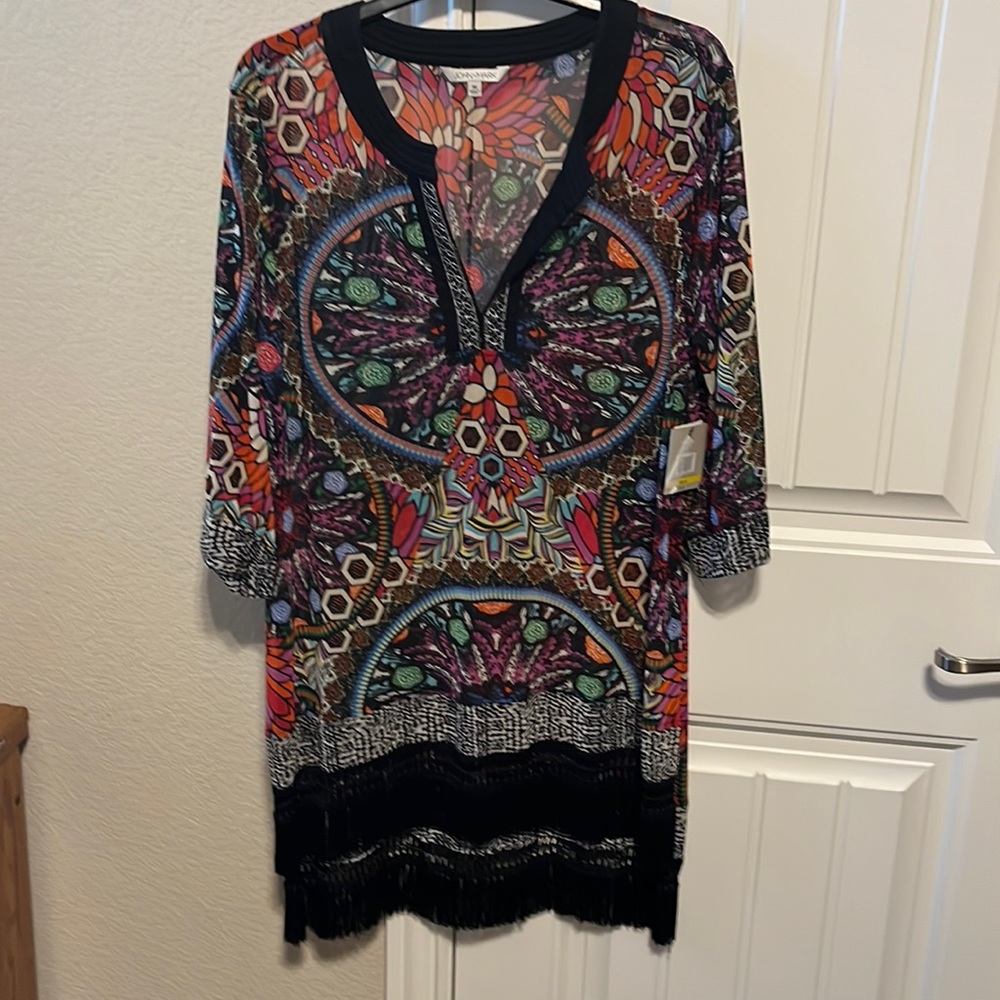 John Mark colorful long tunic with fringe on bottom.